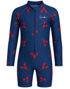 A long-sleeve, one-piece children's swim shirt in navy blue with a red lobster print pattern and a front zipper. The brand name 'Sandbar' is printed in white script on the left chest.
