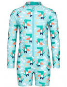A children's long-sleeve one-piece swimsuit or sun protection suit in light aqua, featuring a repeating cartoon dinosaur pattern with surfboards, palm trees, and small yellow circles, plus a front zipper.