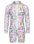 A long-sleeve, one-piece children's swim shirt in white with unicorns, flamingos and kittycorns on and a front zipper. The brand name 'Sandbar' is printed in white script on the left chest.