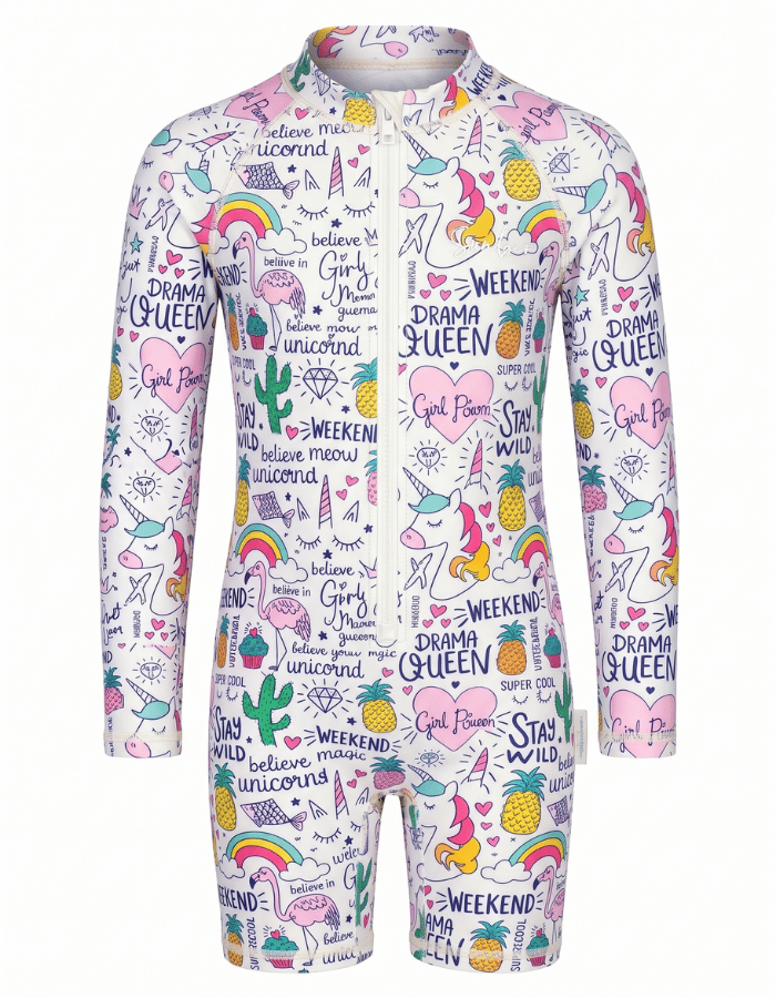 A long-sleeve, one-piece children's swim shirt in white with unicorns, flamingos and kittycorns on and a front zipper. The brand name 'Sandbar' is printed in white script on the left chest.