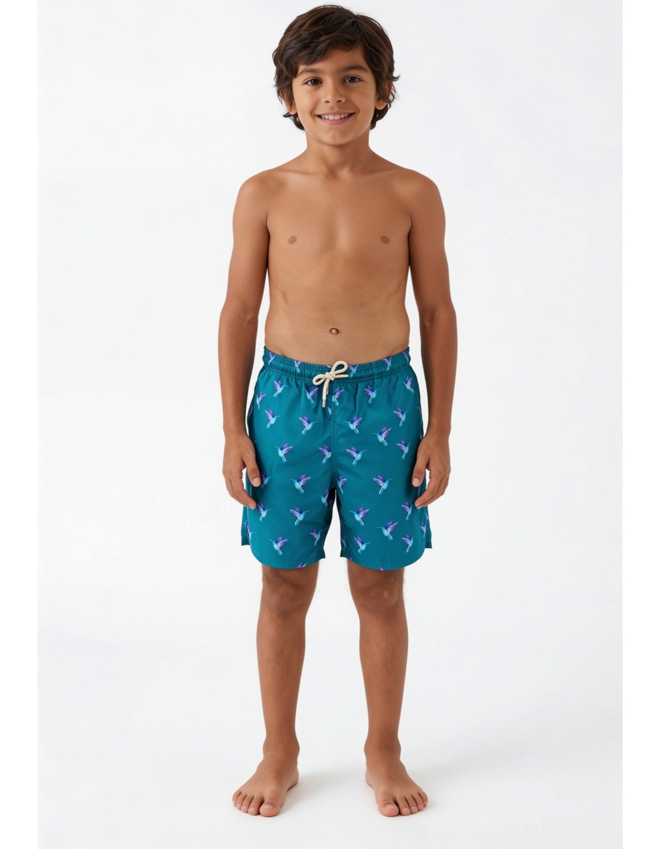 kids hummingbird sustainable swim shorts for all ages teal colour front view
