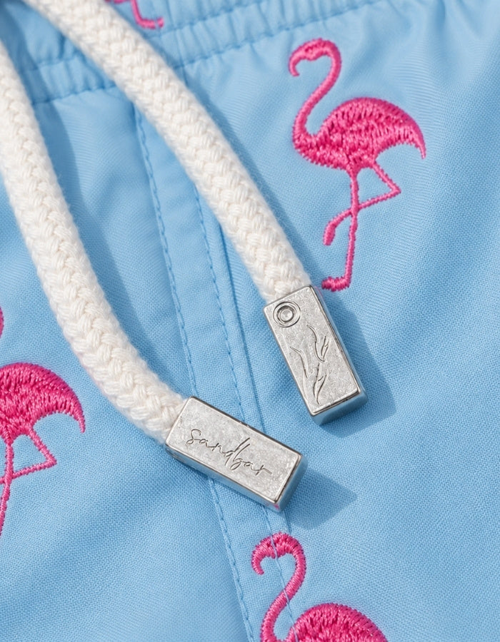 Sandbar Sustainable Mens Embroidered Swim Shorts metal string end caps pink flamingo