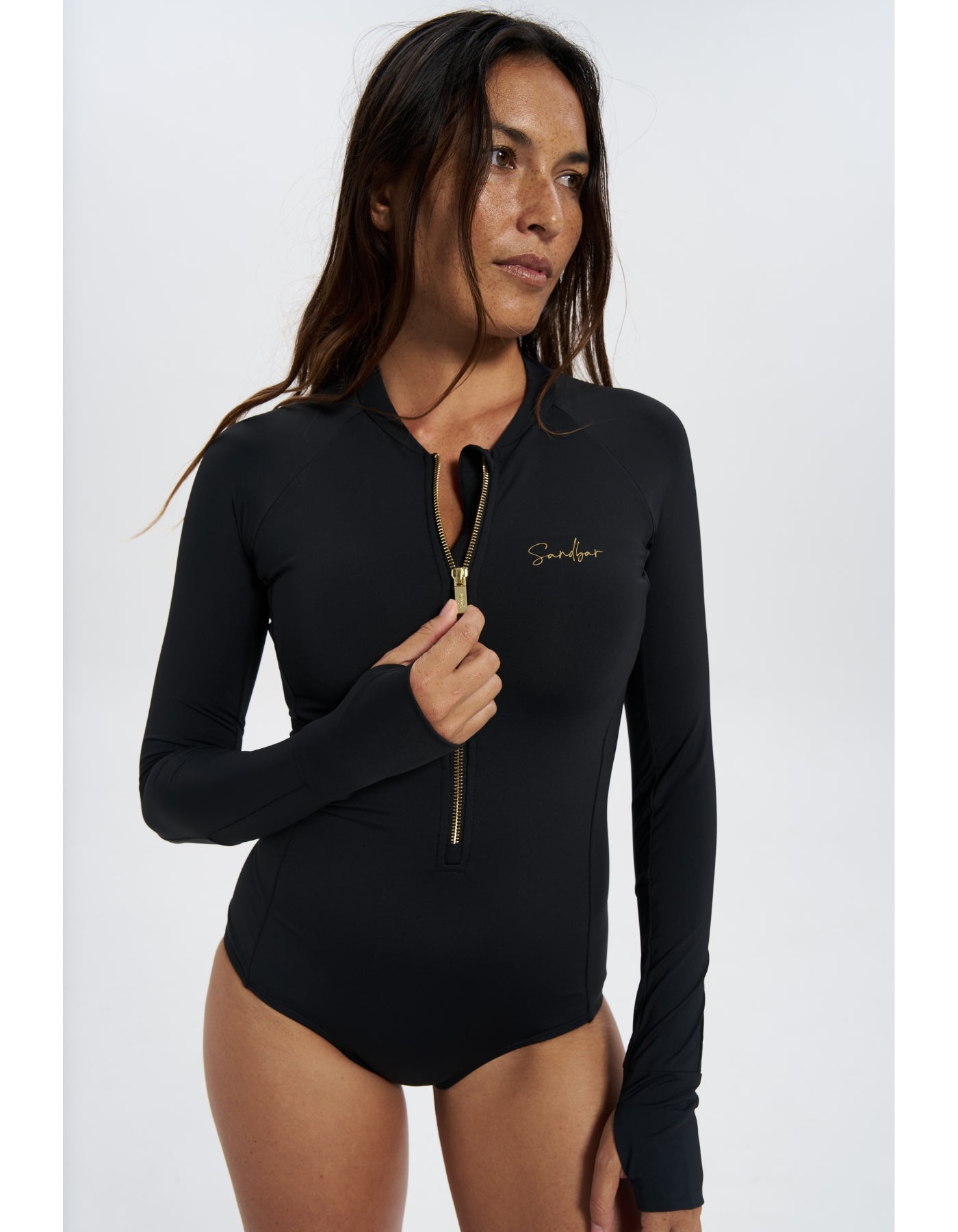 Pre Order - Black Womens Surf Suit, front view. Sustainable womens swimwear.