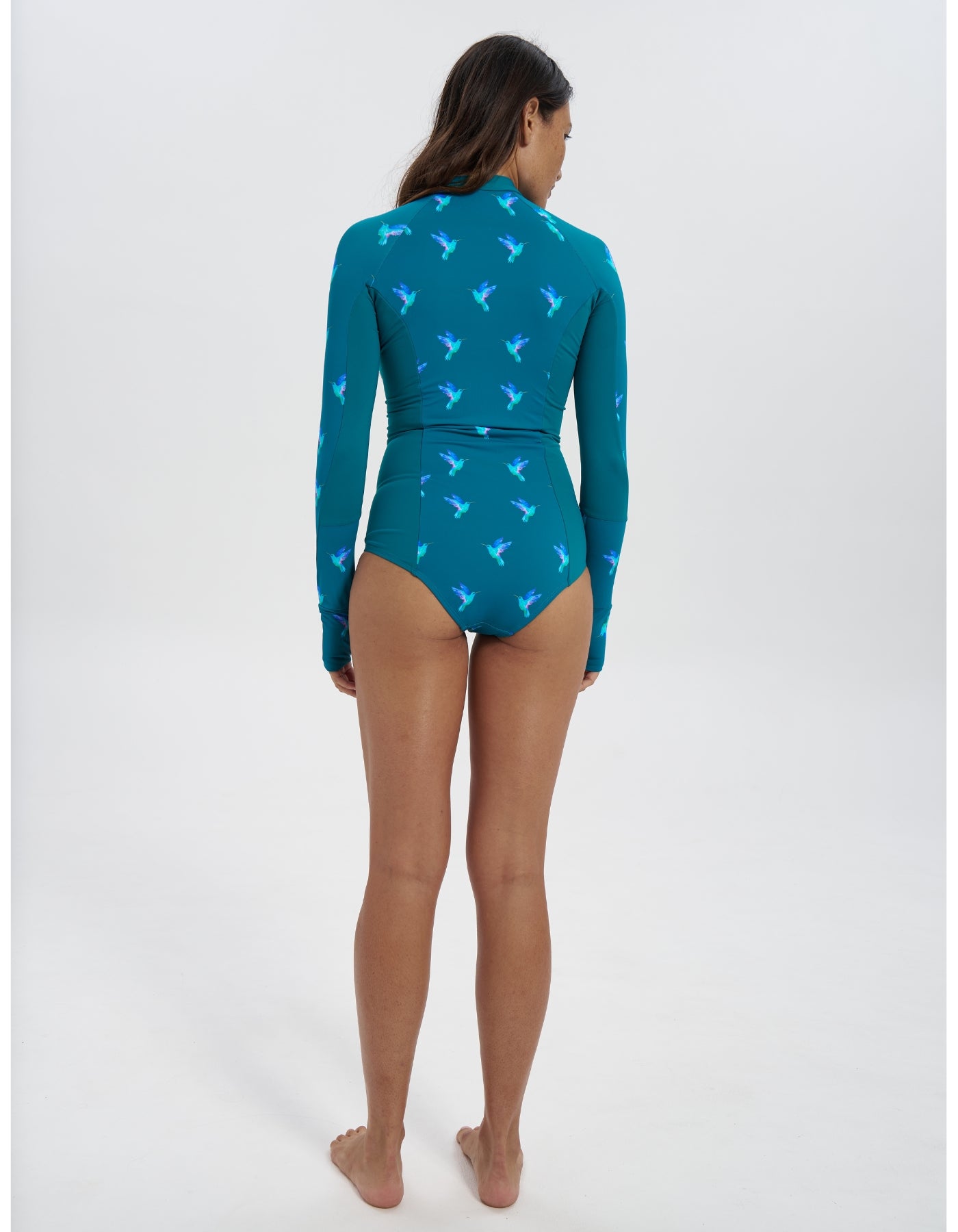 Hummingbird Womens Surf Suit, back view. Sustainable womens swimwear.