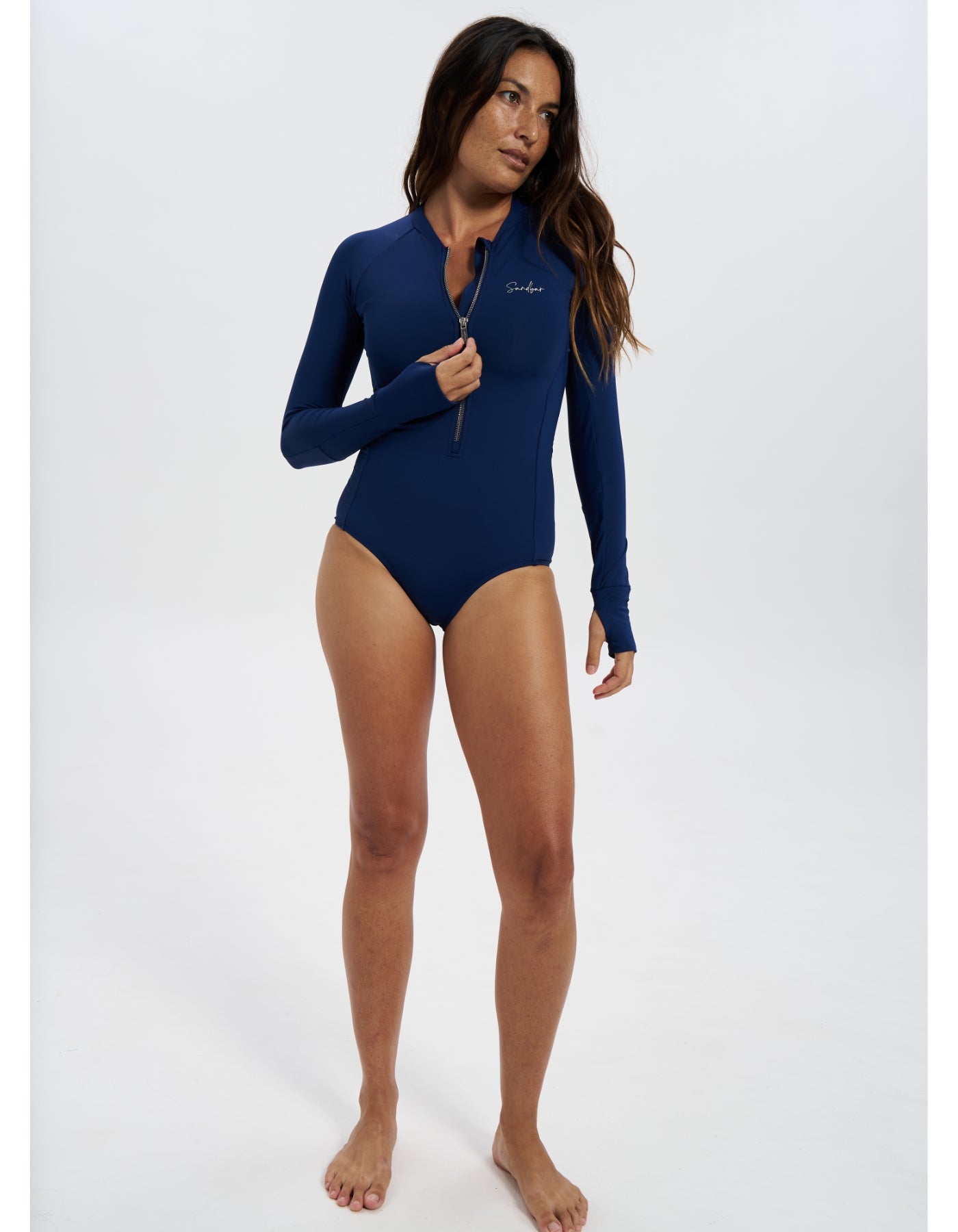 Pre Order - Midnight Blue Womens Surf Suit, front view. Sustainable womens swimwear.