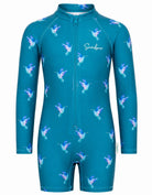 A teal blue long-sleeve full-zip one-piece swimsuit with a repeating pattern of hummingbirds in shades of blue, purple, and white. The brand name 'Sandybar' is printed in white script on the chest.