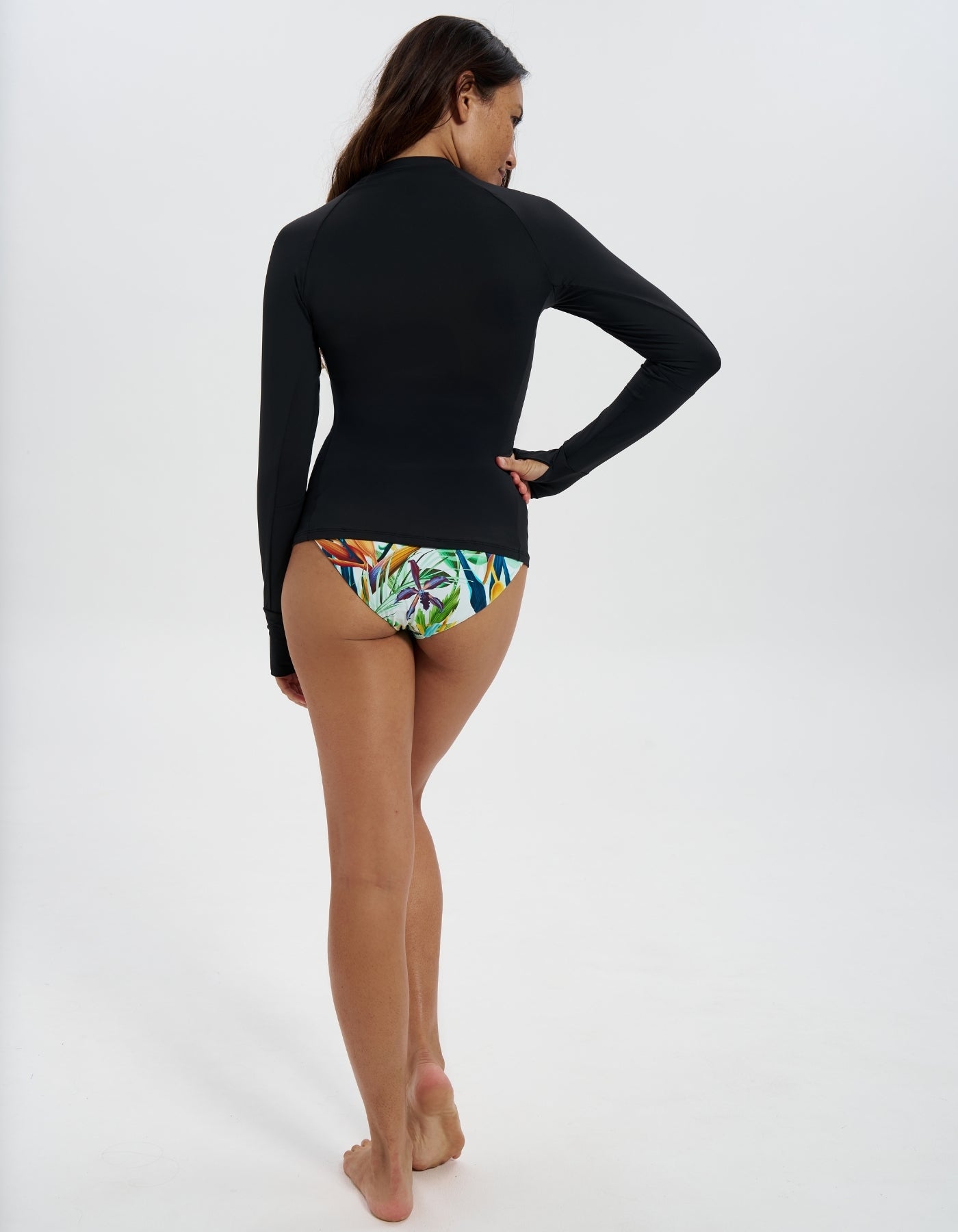 Black Womens Rash Guard, back view. Womens UPF50 rash guard.