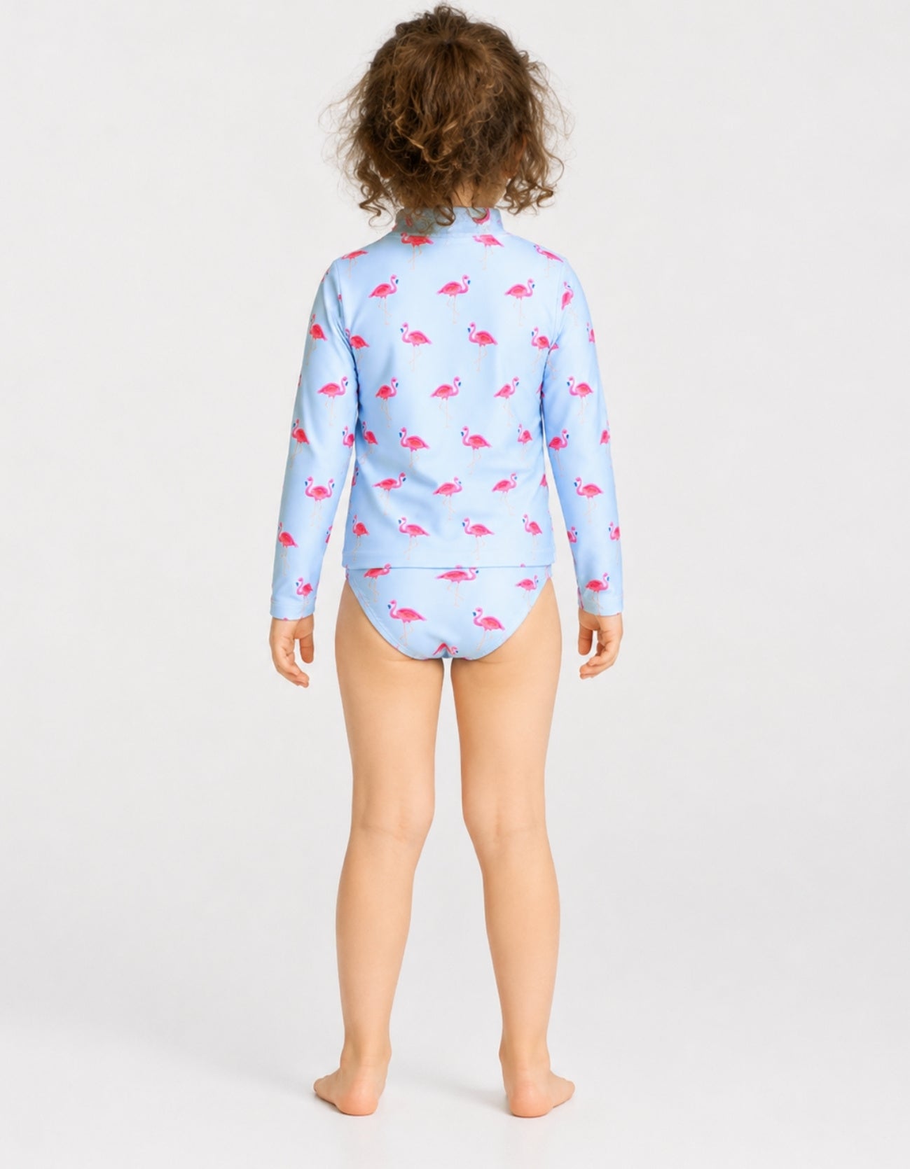 Pink Flamingo print rash guard set with matching bikini bottoms, long sleeve kids UPF swimwear back view