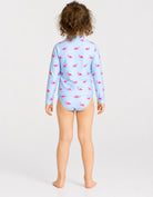 Pink Flamingo print rash guard set with matching bikini bottoms, long sleeve kids UPF swimwear back view
