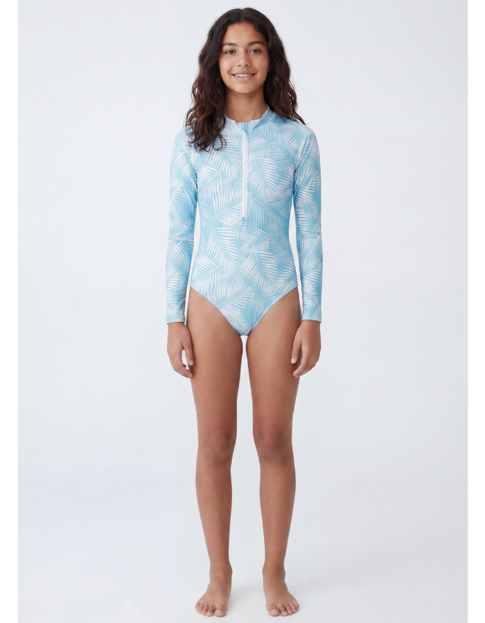 Eve wearing Green Fern Long Sleeved Girls Swimsuit, size Age 12