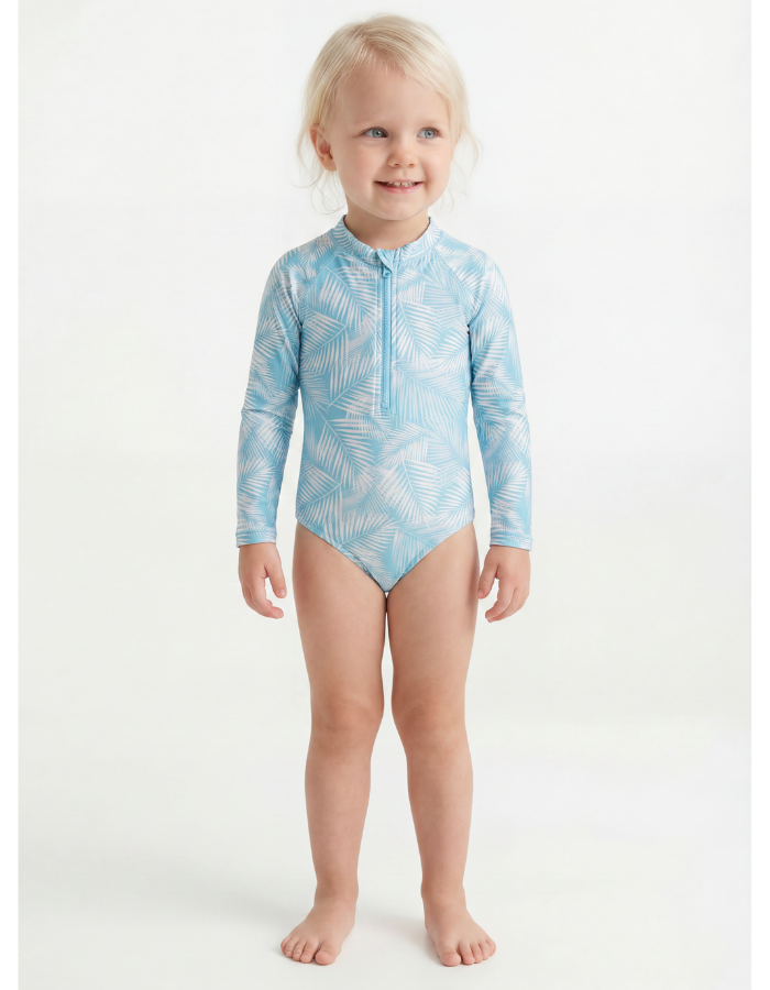 Sadie wearing Green Fern Long Sleeved Girls Swimsuit, size Age 3