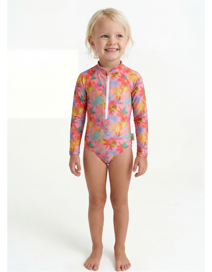 Sadie wearing Pink Palm Long Sleeved Girls Swimsuit, size Age 3