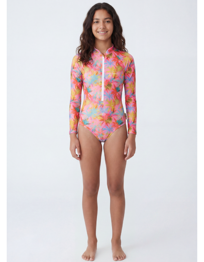 Eva wearing Pink Palm Long Sleeved Girls Swimsuit, size Age 12