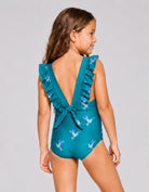 Kids teal hummingbird one-piece swimsuit with ruffle straps, back view, close