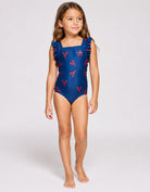 Red Lobster Girls Ruffle Swimsuit, front view. Sustainable girls swimwear.