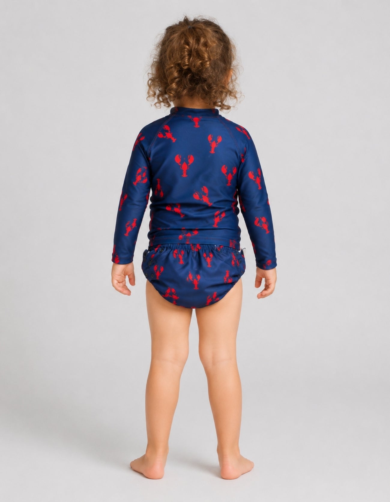 Red Lobster Rash Guard, back view. Kids UPF50 rash guard with Reusable Swimming Diaper