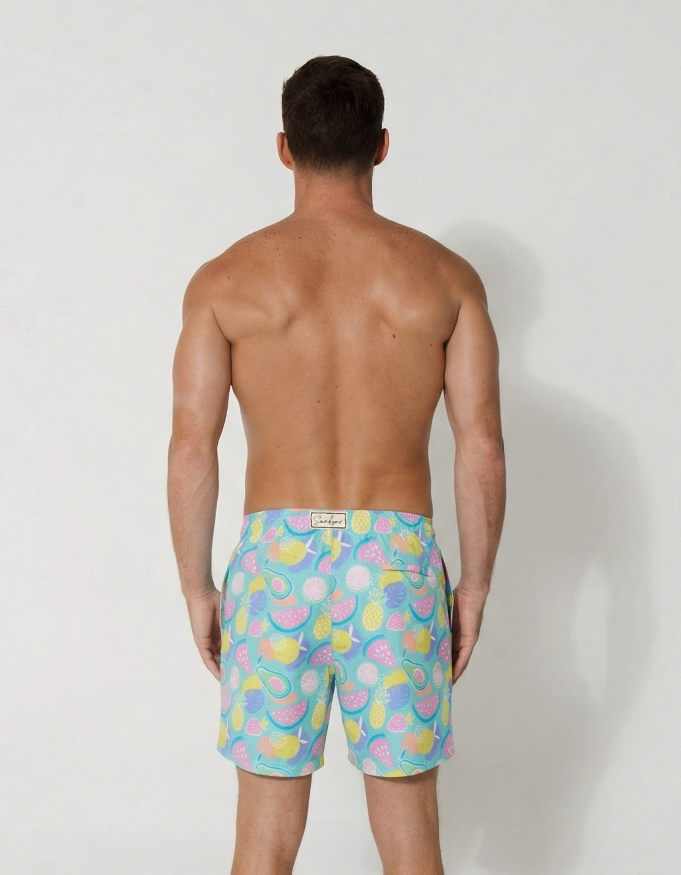 Tropicana Mens Swim Shorts, back view. Sustainable mens swimwear.