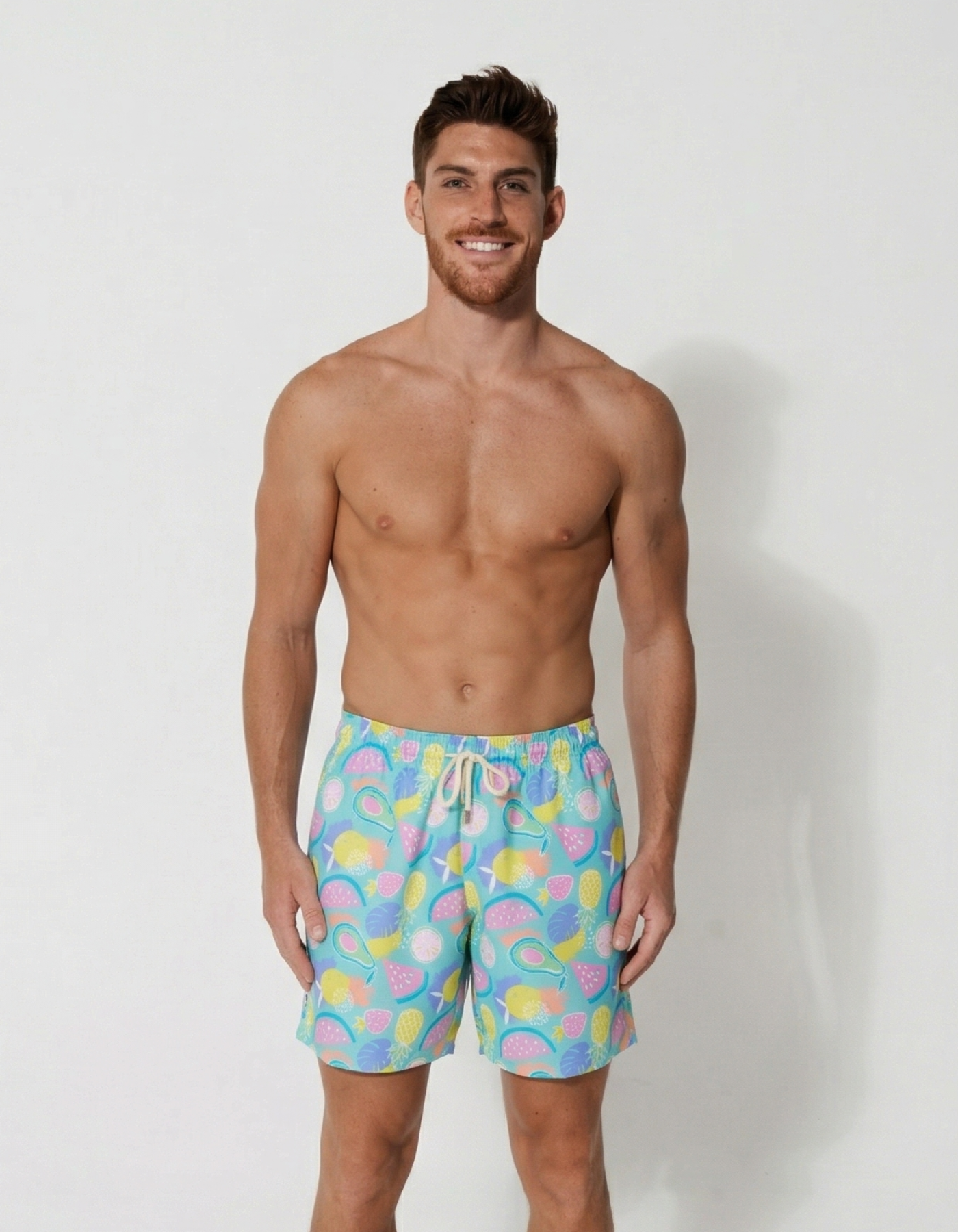 Tropicana Mens Swim Shorts, front view. Sustainable mens swimwear.