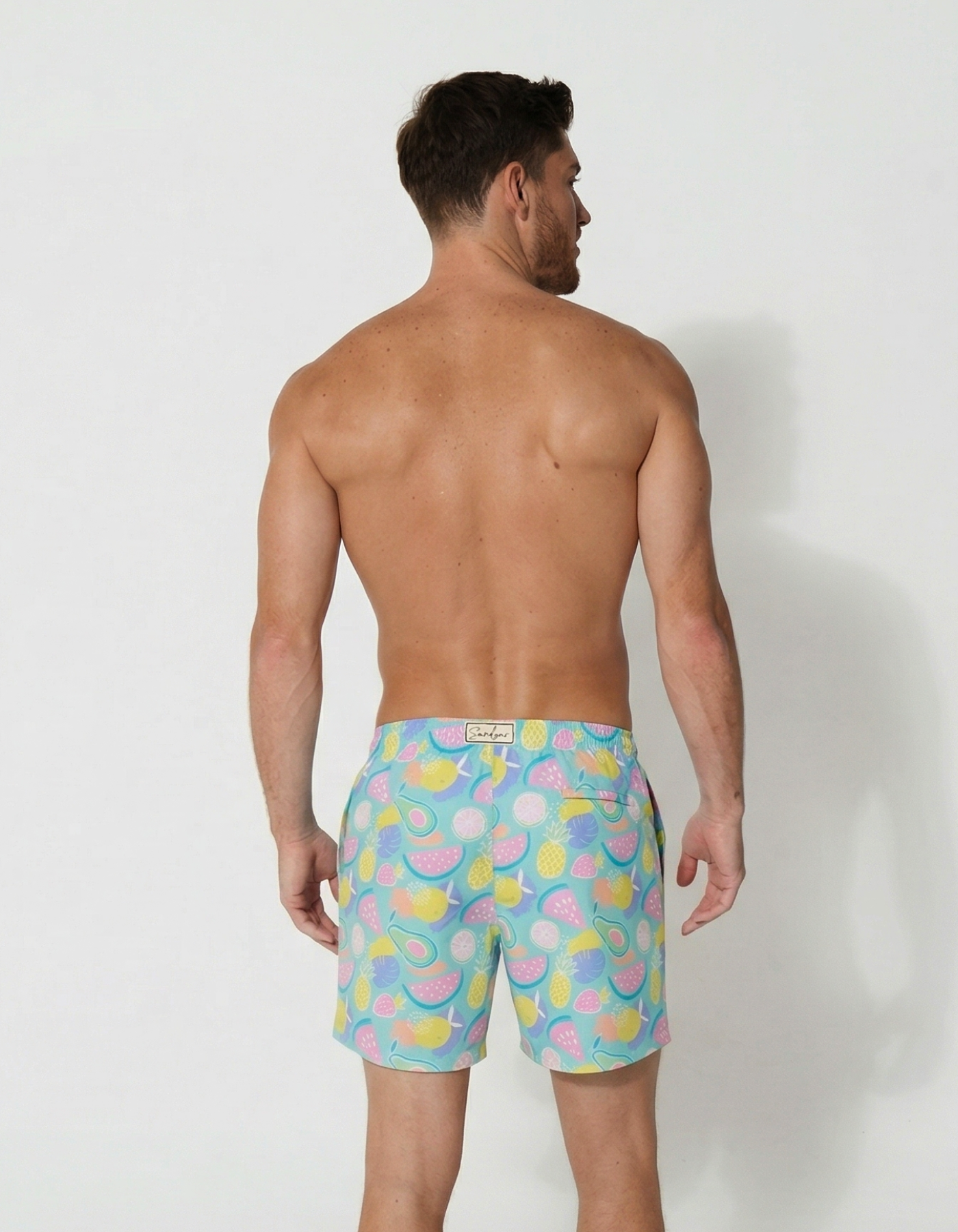 Tropicana Mens Swim Shorts, back view. Sustainable mens swimwear.