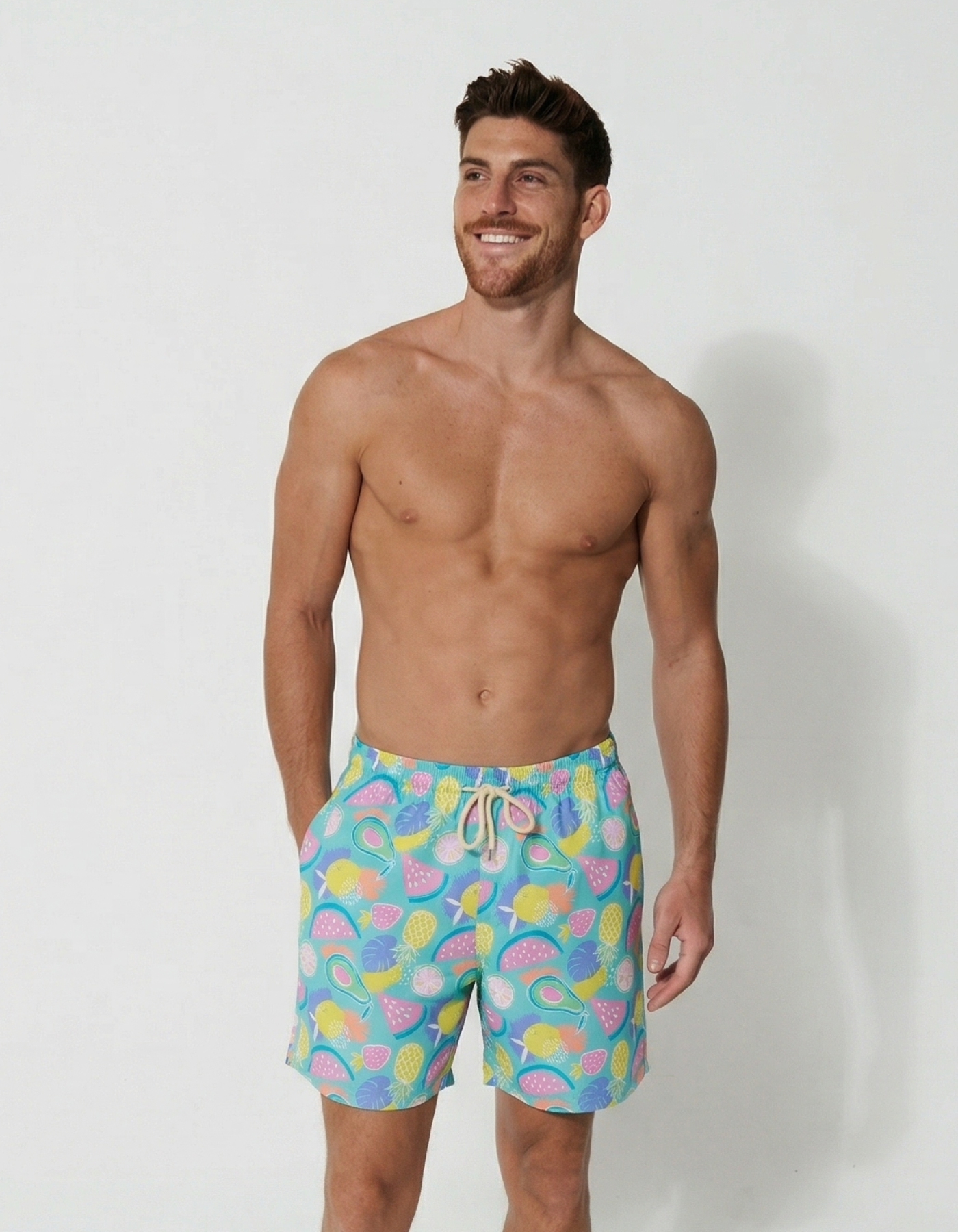 Tropicana Mens Swim Shorts, front view. Sustainable mens swimwear.