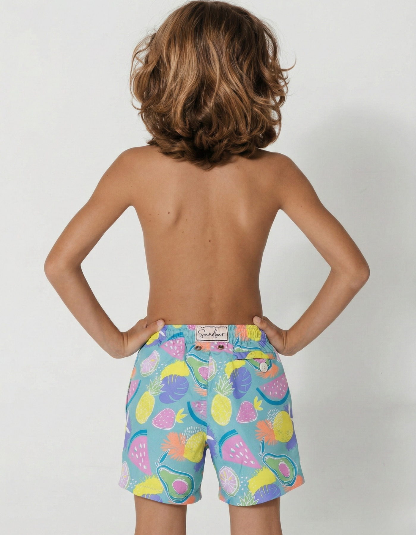Tropicana Boys Swim Shorts, back view. Sustainable boys swimwear.