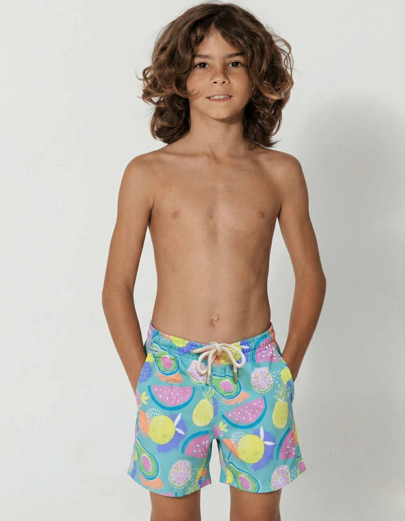 Tropicana Boys Swim Shorts, front view. Sustainable boys swimwear.