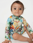 Bird of Paradise Baby Swimsuit, front view. Sustainable baby swimwear.