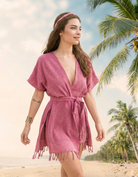Coral Turkish Cotton Womens Robe, front view. Sustainable beach towel.
