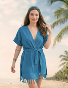 Teal Turkish Cotton Womens Robe, front view. Sustainable beach towel.