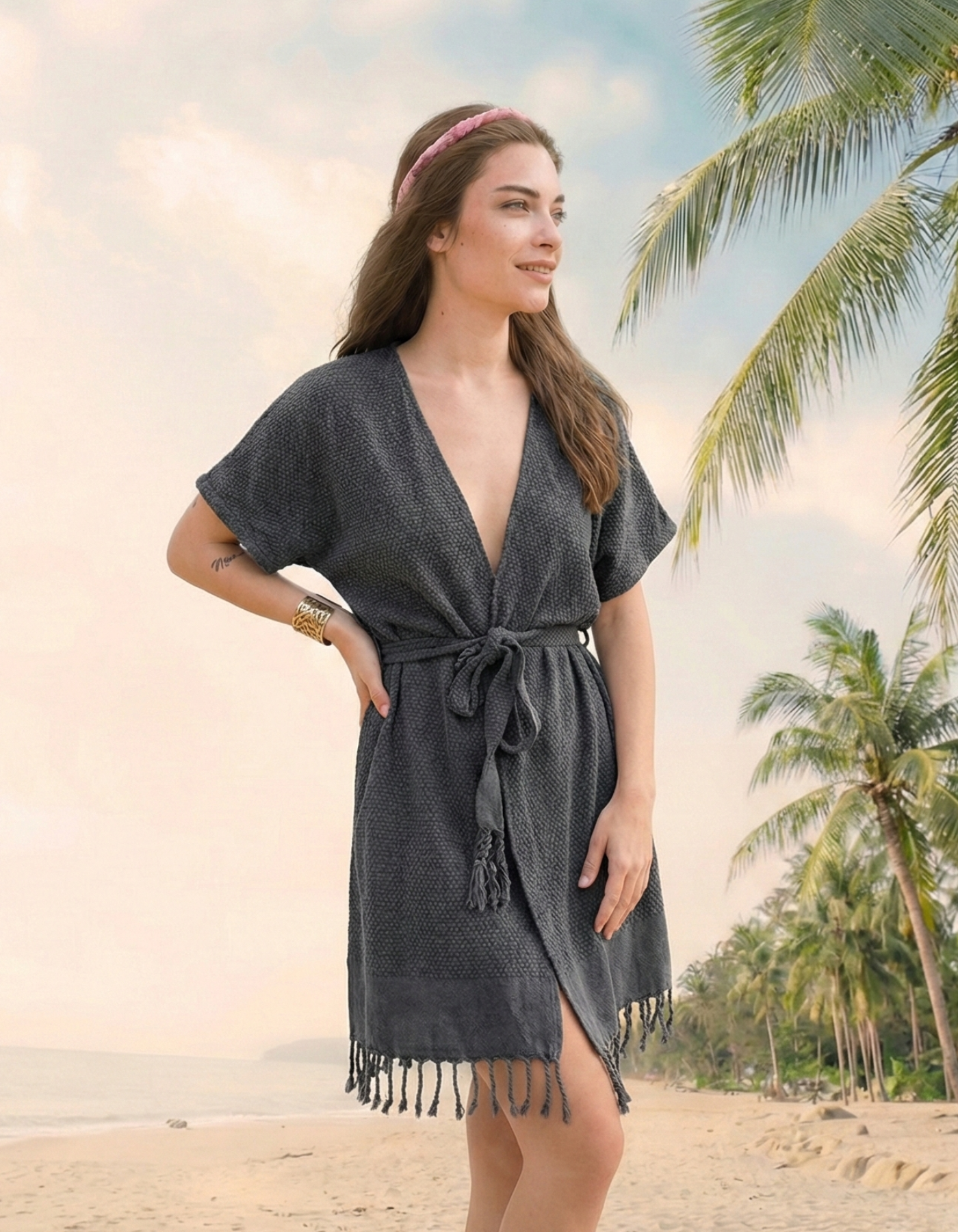 Charcoal Grey Turkish Cotton Robe, front view. Sustainable beach towel.