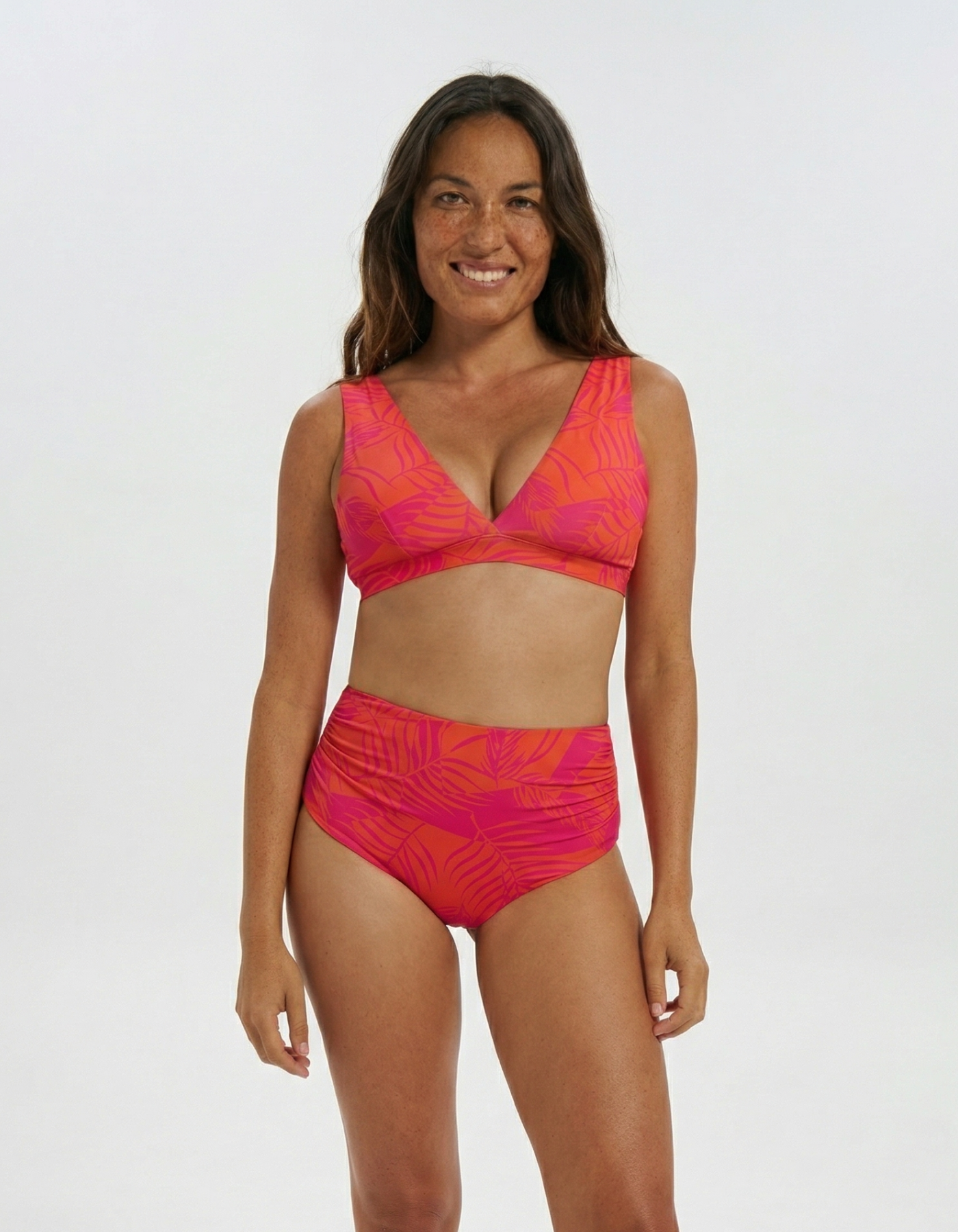 Dune – Aperol Palm Womens Plunge Bikini Top, print detail. Sustainable womens swimwear.