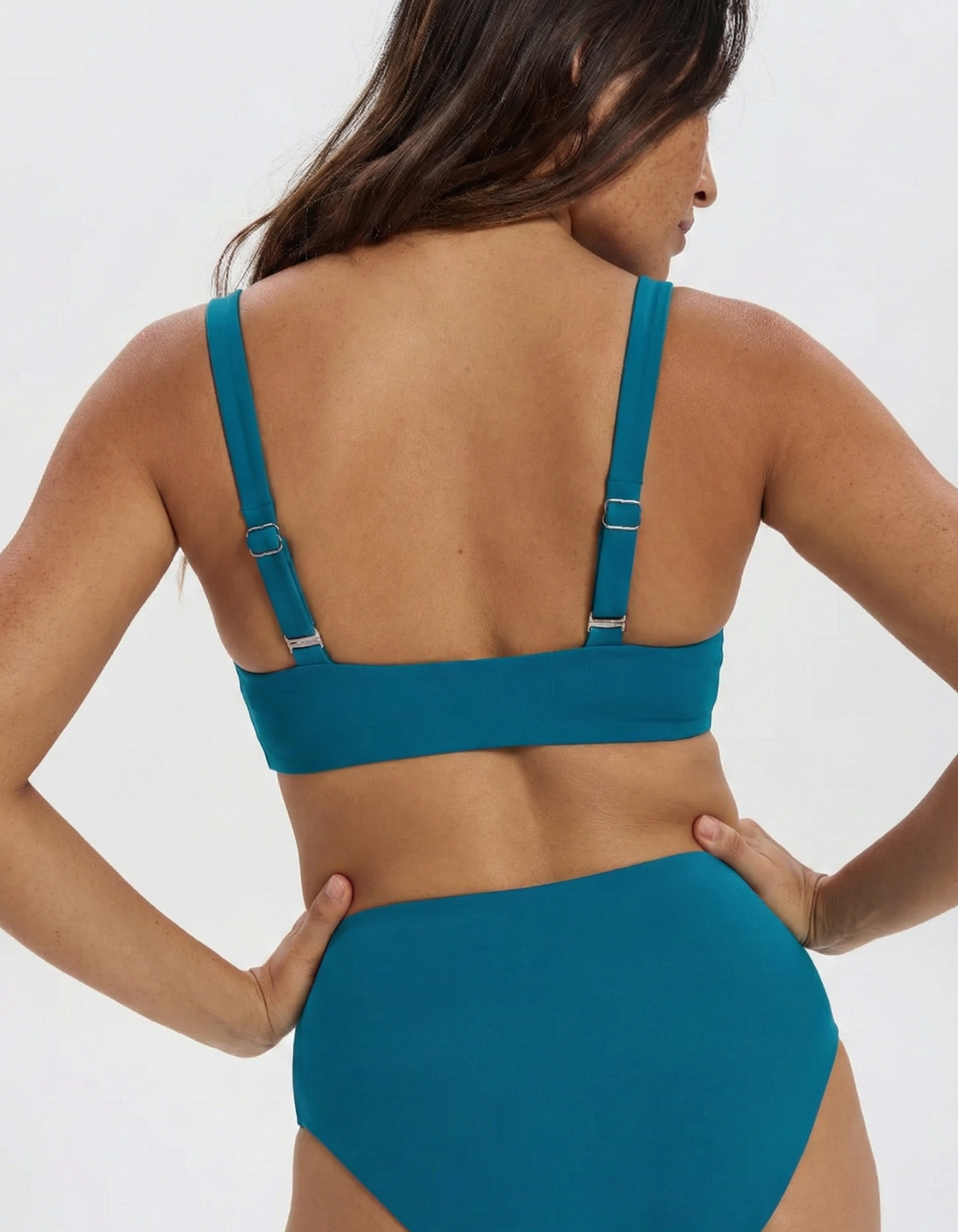 Teal Womens Tank Bikini Top, back view. Sustainable womens swimwear.