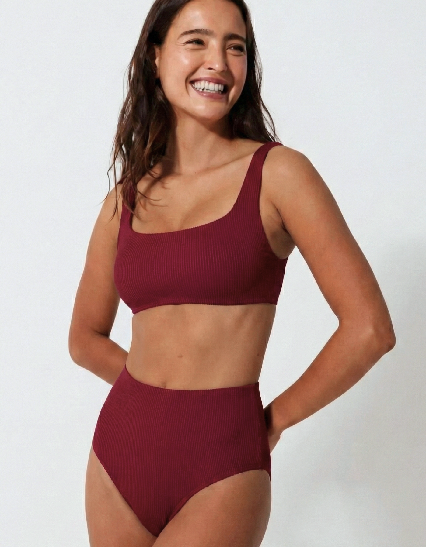 High Waist Plum Womens Ribbed Bikini Bottoms, front view. Sustainable womens swimwear.