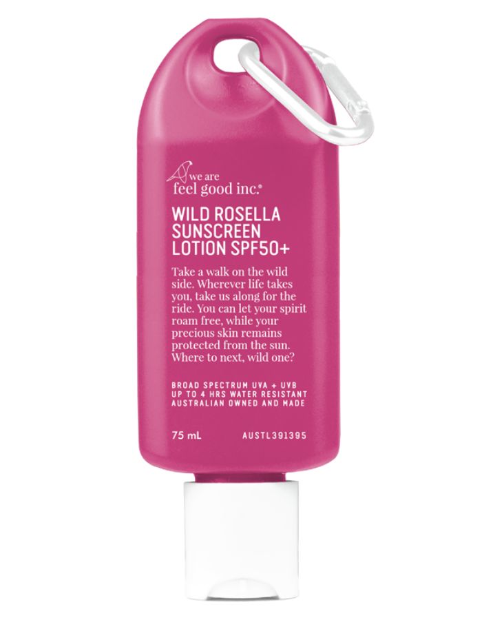 Travel Wild Rosella Sunscreen SPF 50+, front view. Reef-safe sunscreen.