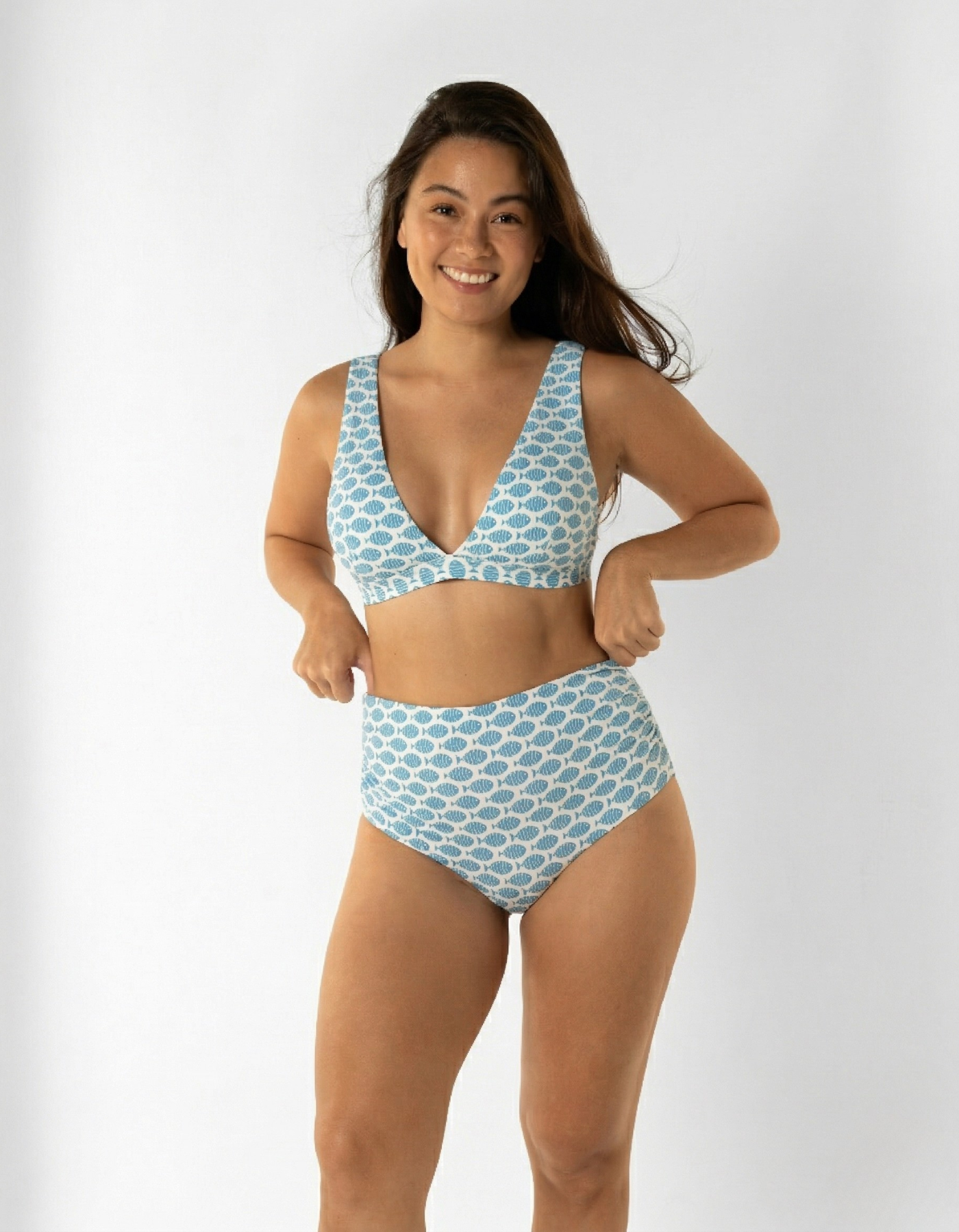 Dune – Baby Blue Fish Womens Plunge Bikini Top, print detail. Sustainable baby swimwear.
