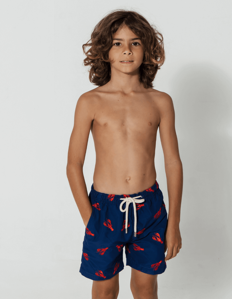 Tom wearing Embroidered Red Lobster Boys Swim Shorts, size Age 8