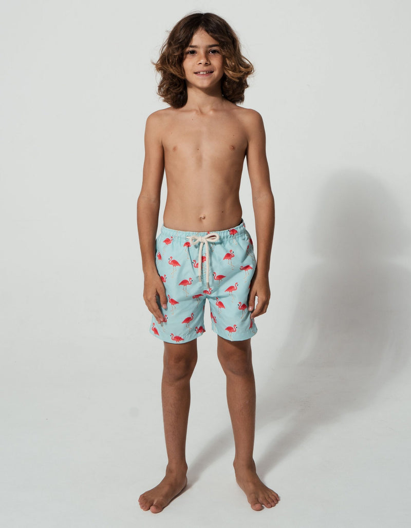 Tommy wearing Flamingo Boys Swim Shorts, size Age 8
