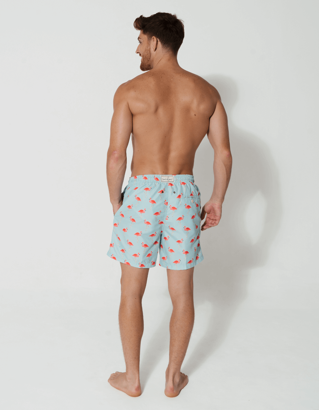 Sandbar_father_and_son_swim_shorts_flamingo