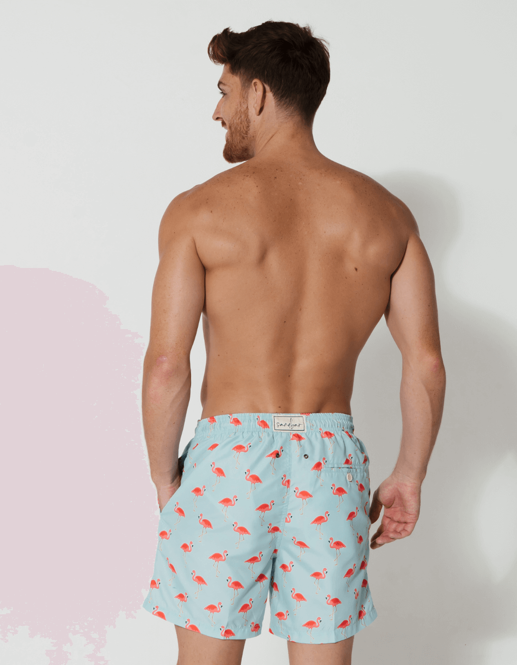 Sandbar_father_and_son_swim_shorts_flamingo