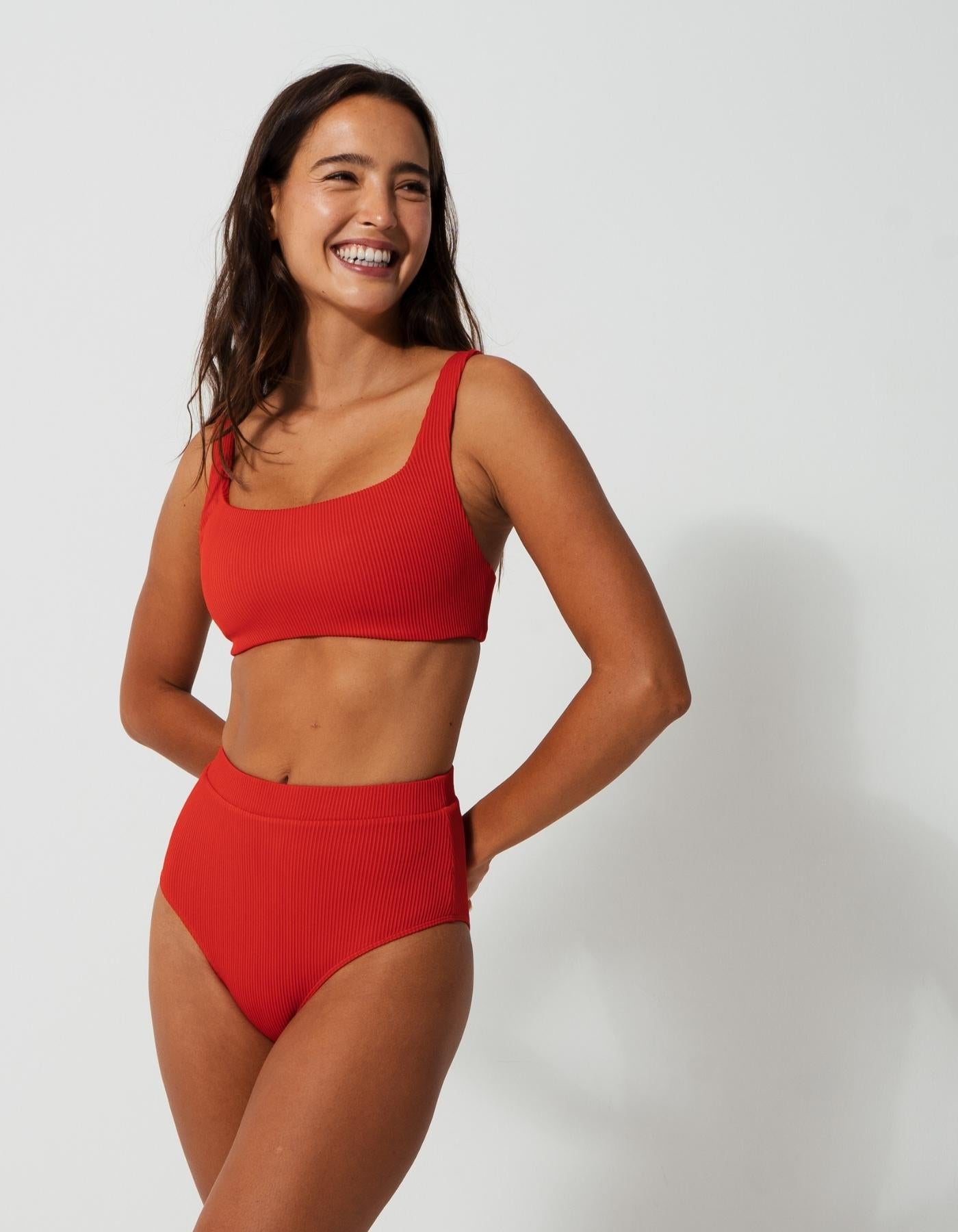 High Waist Lipstick Red Womens Ribbed Bikini Bottoms, additional view. Sustainable womens swimwear.