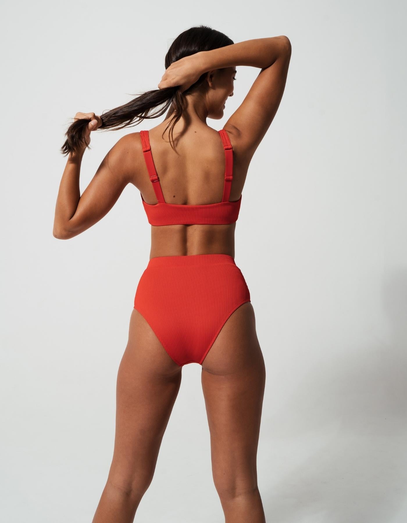 High Waist Lipstick Red Womens Ribbed Bikini Bottoms, additional view. Sustainable womens swimwear.