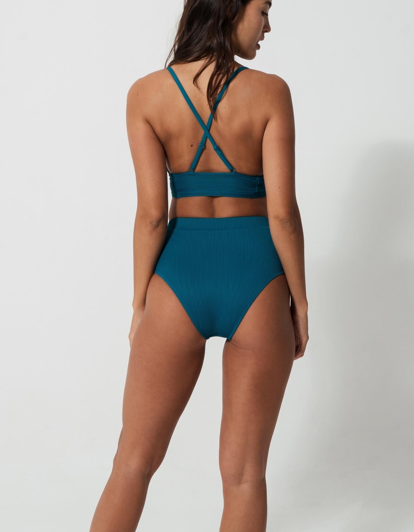 High Waist Teal Womens Ribbed Bikini Bottoms, back view. Sustainable womens swimwear.