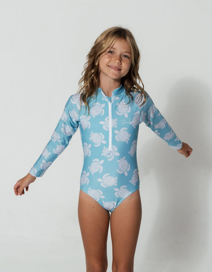 Maldives Blue Turtle Long Sleeved Girls Swimsuit