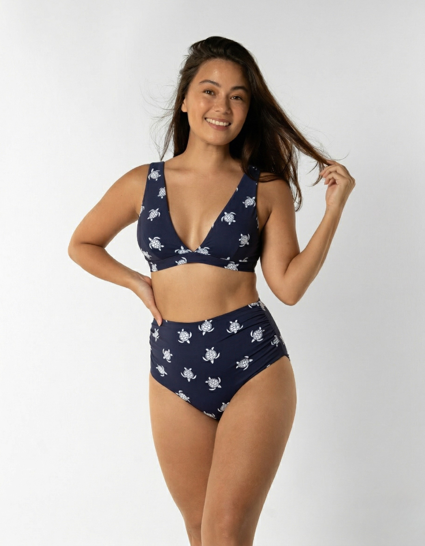 Dune – Deep Blue Turtle Womens Plunge Bikini Top, print detail. Sustainable womens swimwear.