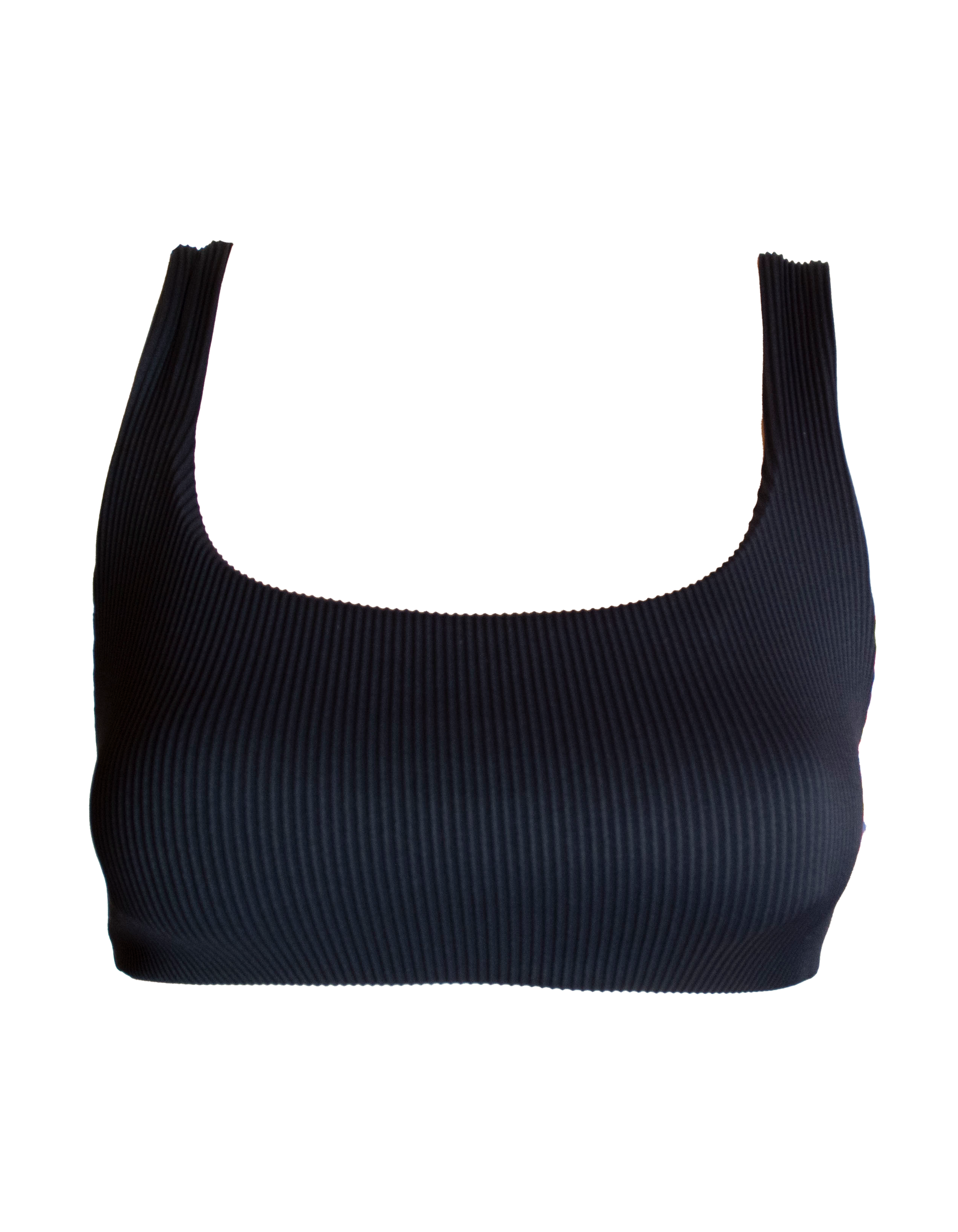 Nikoi Black Womens Ribbed Tank Bikini Top, front view. Sustainable womens swimwear.