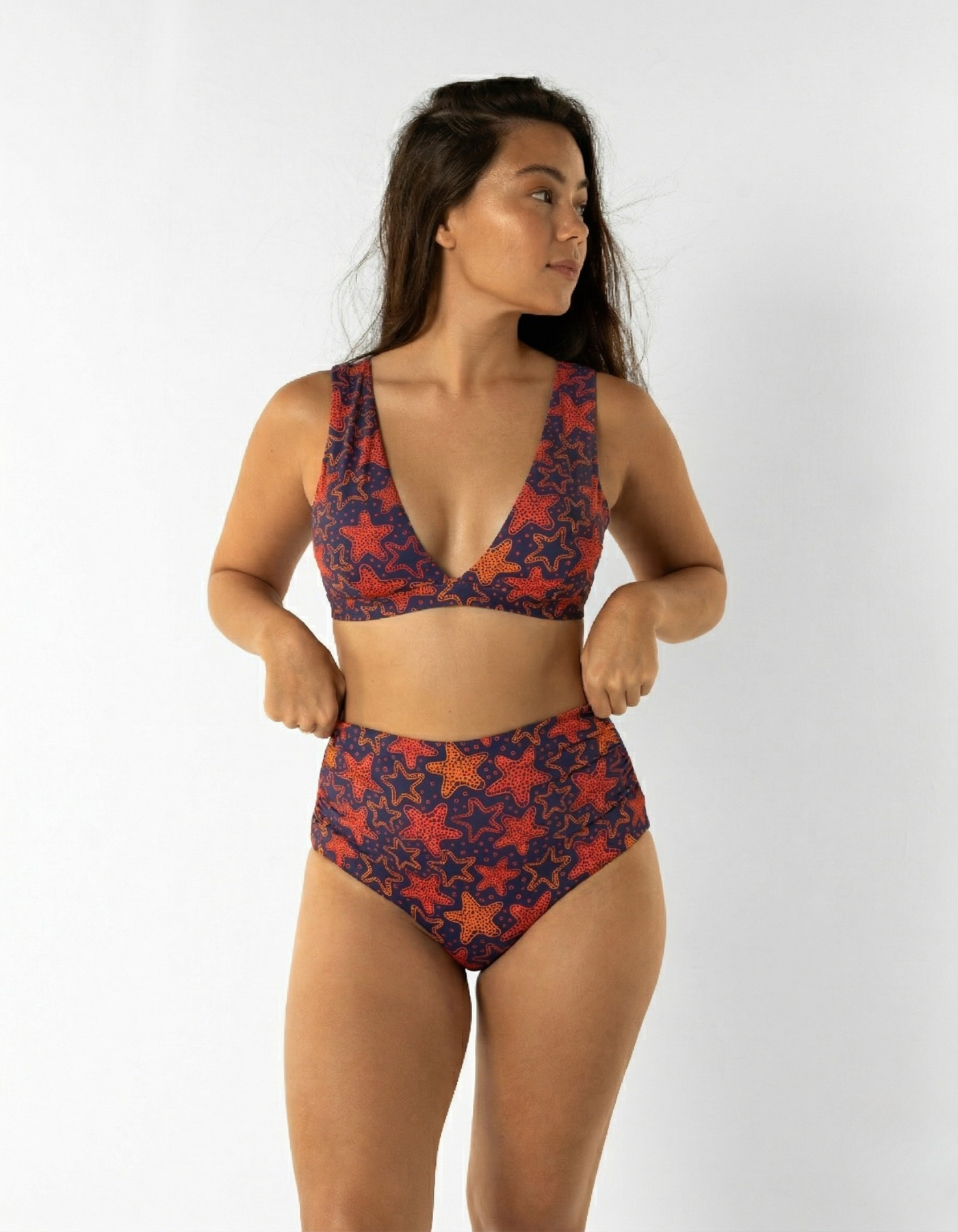 Dune – Red Starfish Womens Plunge Bikini Top, print detail. Sustainable womens swimwear.