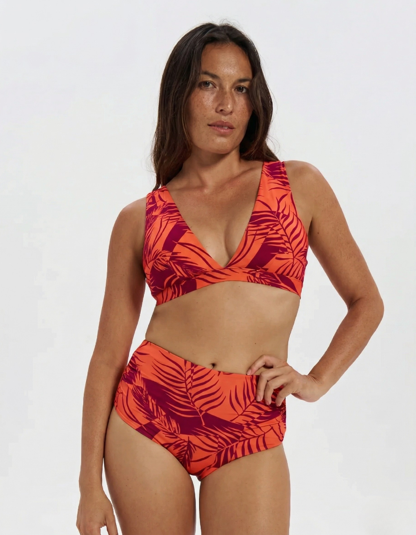 Dune – Sunset Palm Womens Plunge Bikini Top, print detail. Sustainable womens swimwear.